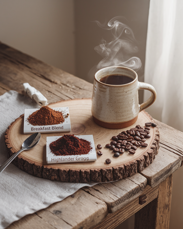 A steaming mug sits on a wooden tray with two piles of ground coffee—Breakfast Blend and Highlander Grogg—sampling the 2 Coffee Samples for $5 set (shipping included), on a rustic table by a window.